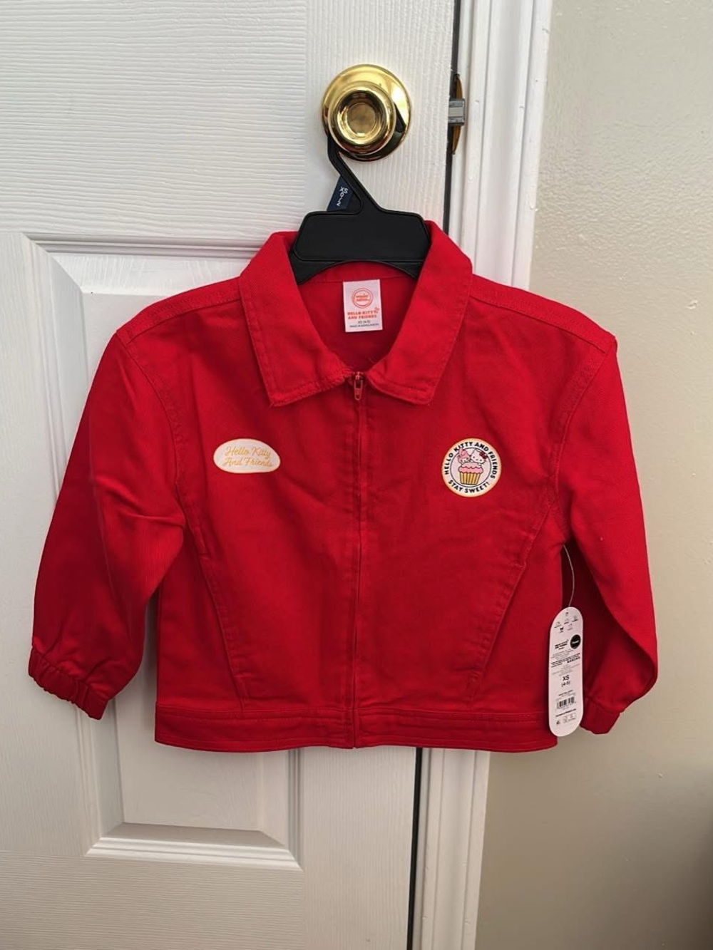 Hello Kitty Bright Red Zip Front Jean Jacket with Patch Details